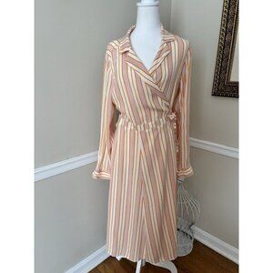 NWT Express Womens Size M Pink Orange White Stripe Wrap Dress Long Sleeve Midi